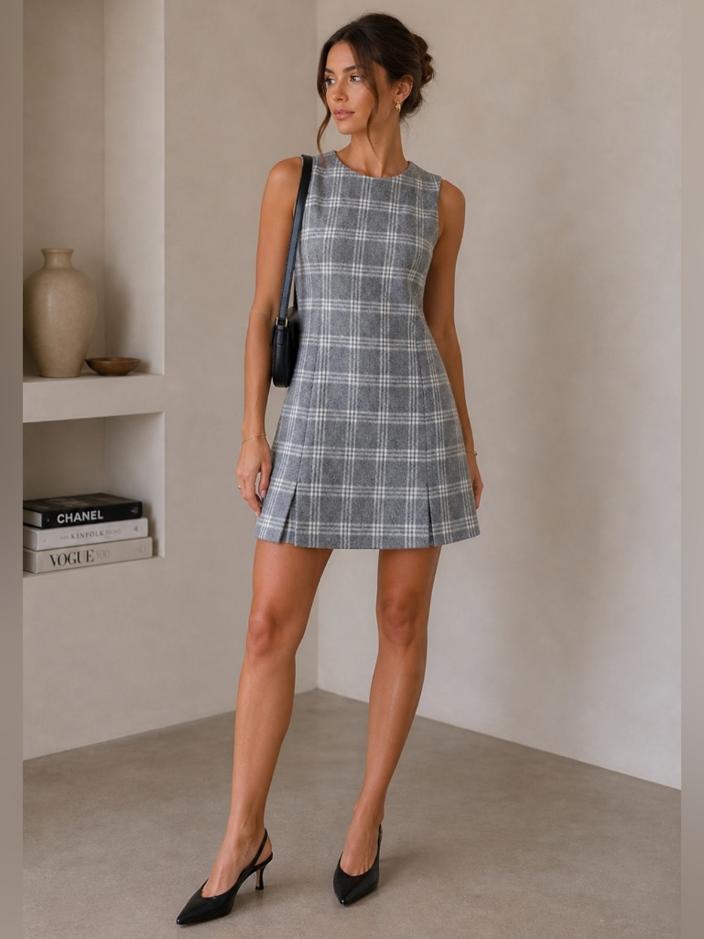 Theory Gray Plaid Wool-Blend Cashmere Sleeveless Shift Mini Dress 00 Preppy